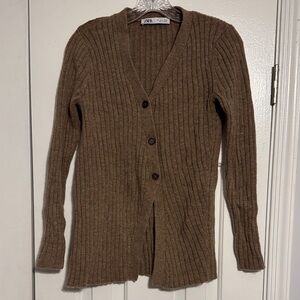 Zara Women's Brown Ribbed Asymmetrical Cardigan